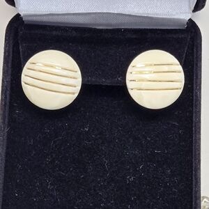 14k Bone Round Cream and Gold Striped Button Earrings